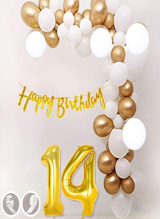 Flyloons 14th Birthday Decoration Items Gold and White Theme Combination for Boys Girls| 30 Pcs Gold White Color Balloons| Gold Happy Birthday Cursive Glitter Banner| Arch Tape| Glue Dots - Image 1